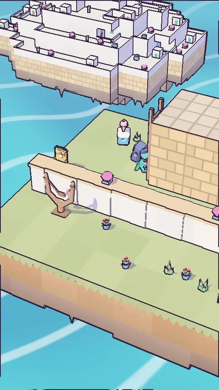 In-game screenshot of Sargantanit: a whitewashed Dalt Vila diorama with the lizard carrying a crate