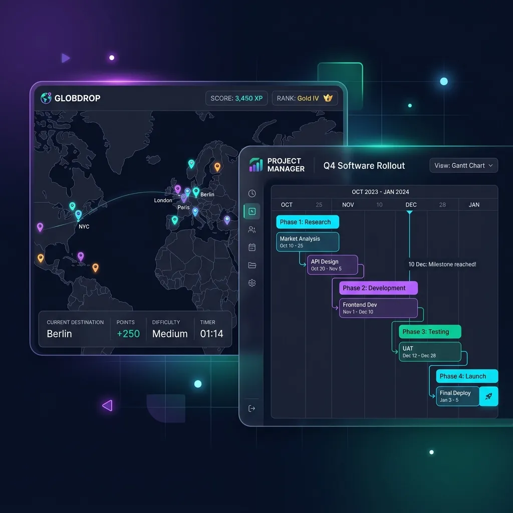 Vedratic product suite: Globdrop geography game and Project Manager Gantt chart editor UI showcase