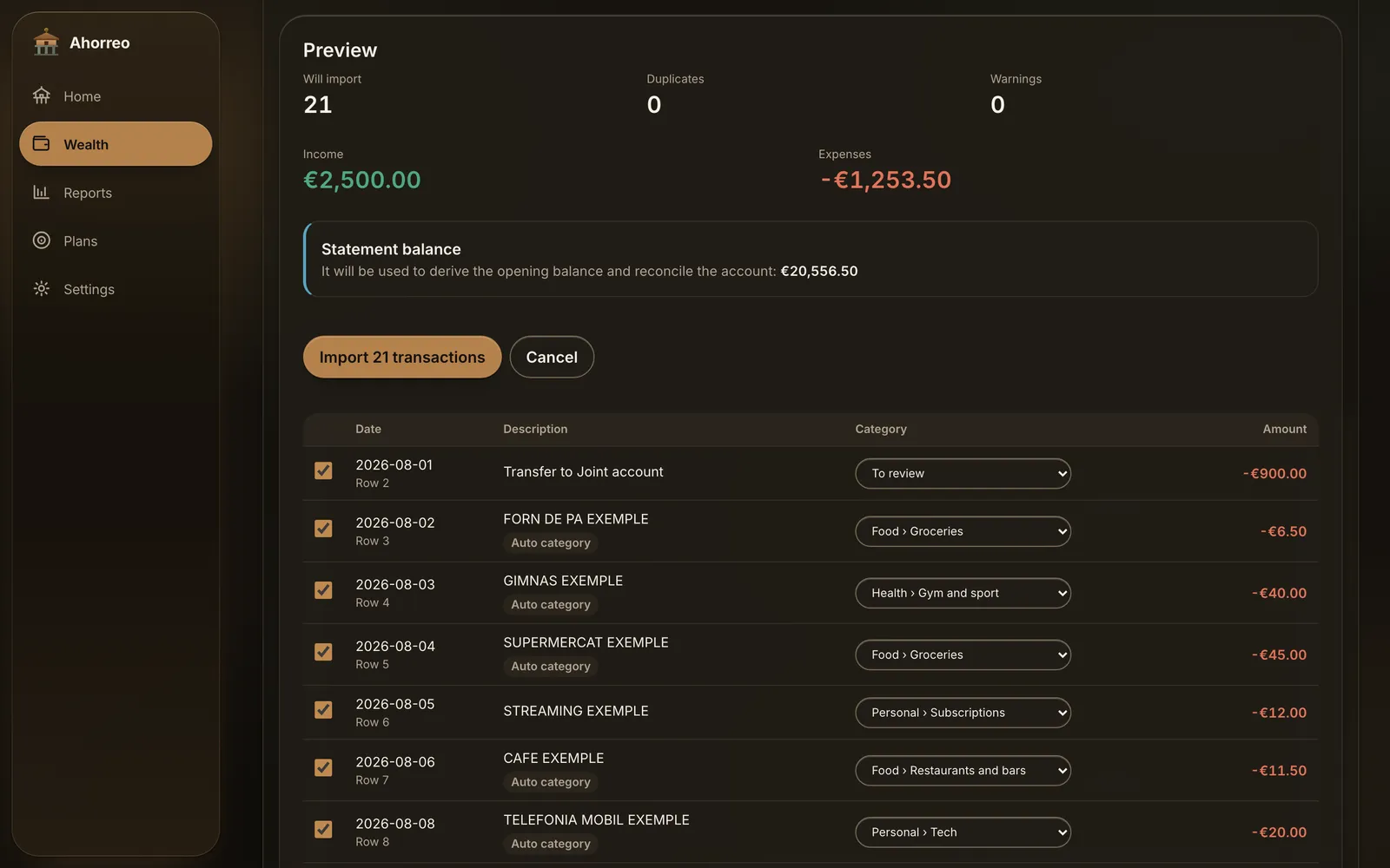 The preview of an imported statement: 21 rows with their categories and the button to import them