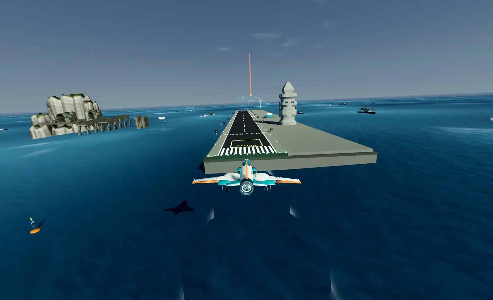 In-game screenshot of KeepLanding: approach to a platform at sea