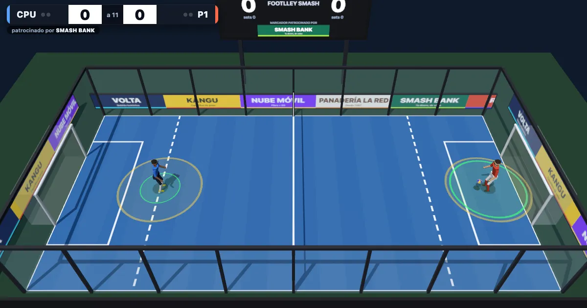 A Footlley Smash match against the CPU: two players on a blue court enclosed by glass walls, sponsor boards around it and the scoreboard above