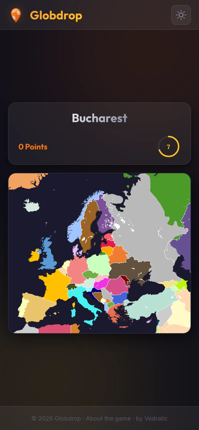 Globdrop on a phone: find Bucharest on the map of Europe, seven seconds left