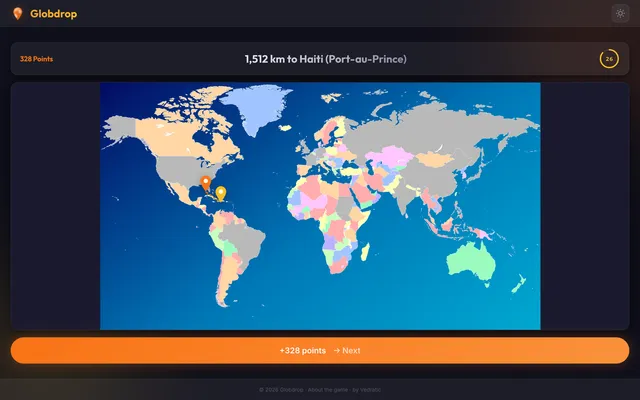 A Globdrop round on the world map: two pins, the line between them and "1,512 km to Haiti"