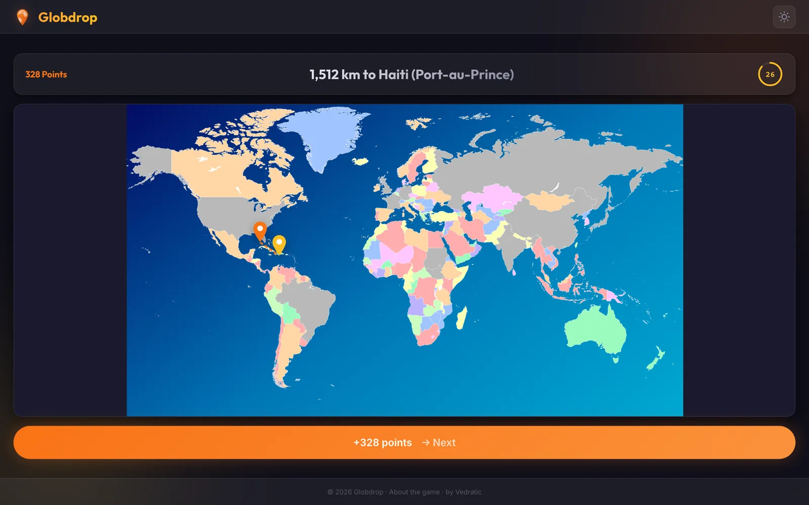 After a click on the world map: the player's pin, the target's pin, the line between them and "1,512 km to Haiti" with the points for the round