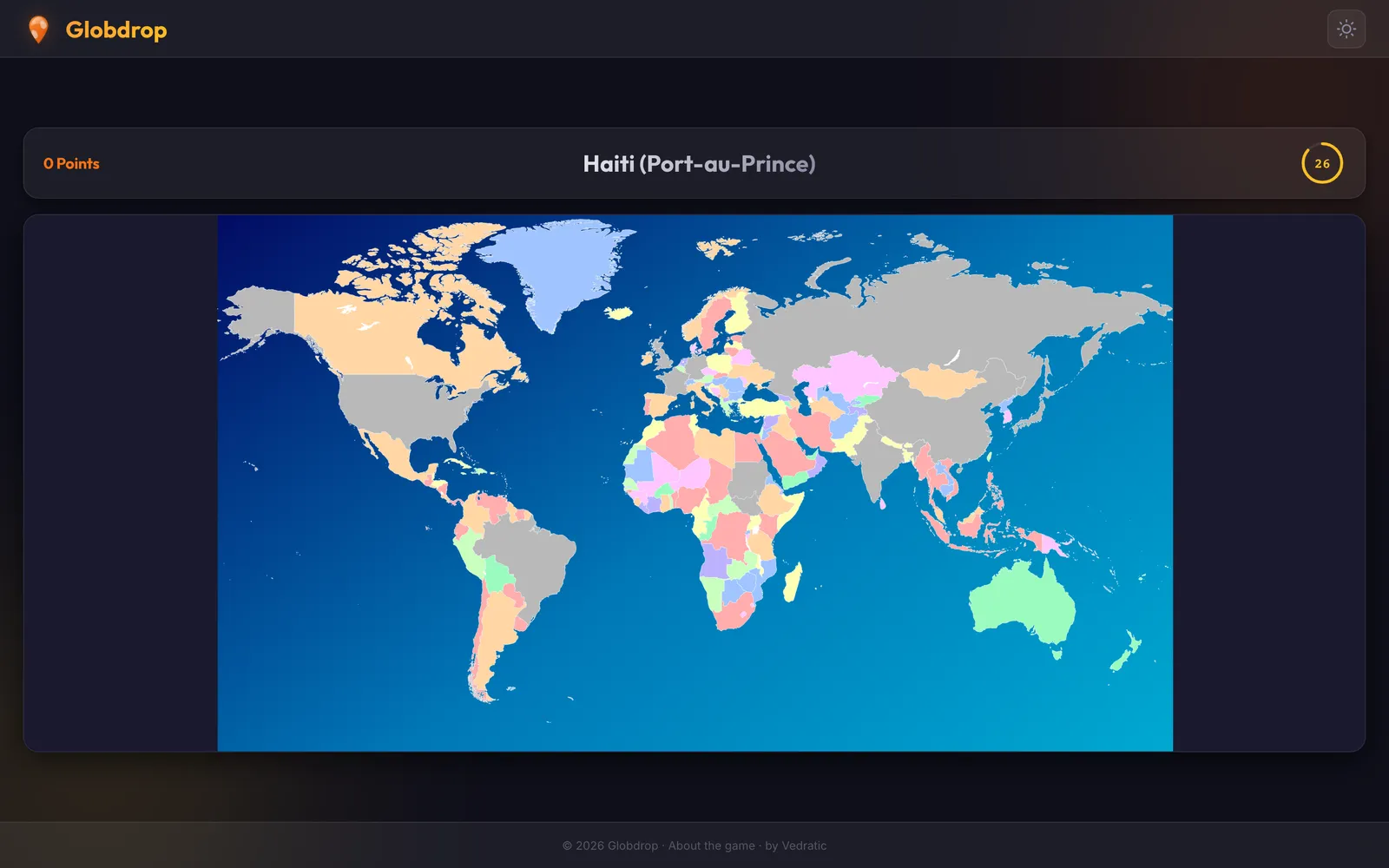 A World Capitals round in progress: the world map, the place to find and the timer